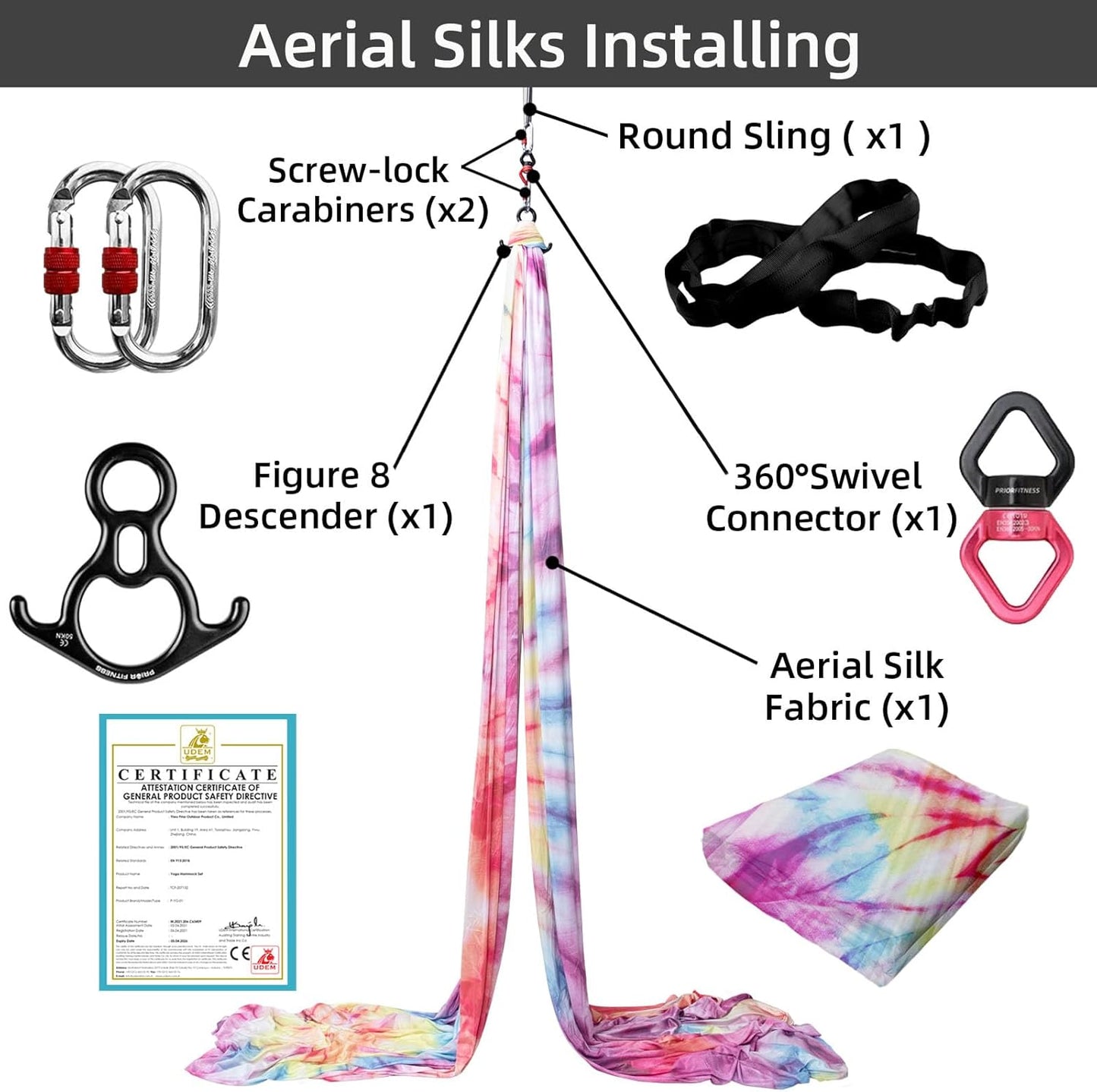 PRIOR FITNESS Aerial Silks Kit Colorful 9/15/20 Yards 40D Nylon Fabric Hammock Set With Hardware & Guide for All Levels Of Aerial Yoga Practice and Acrobatic Flying For Adults Aerial silk