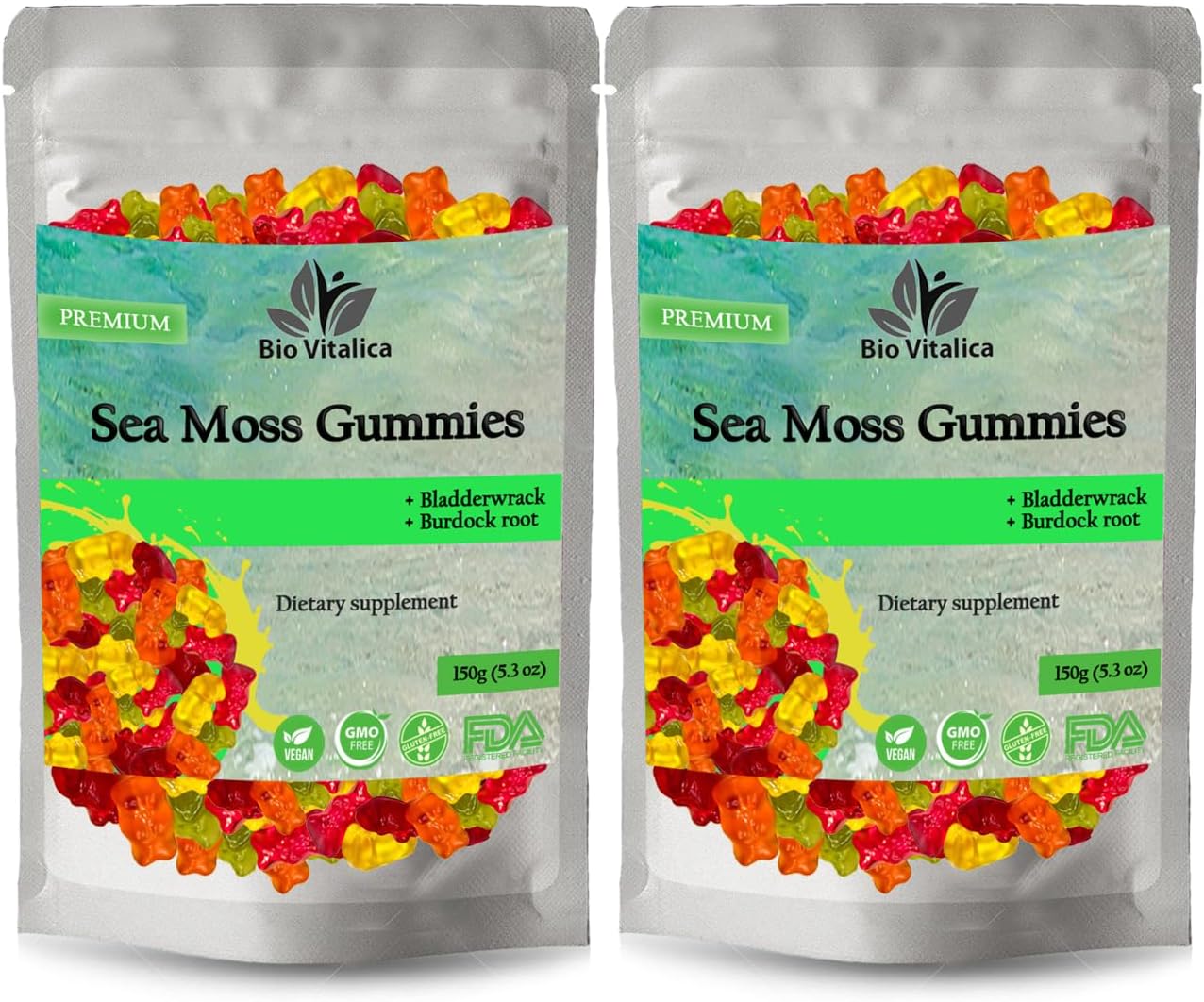 Sea Moss Gummies - Irish sea Moss raw Organic, Bladderwrack, Burdock Root. Contains Sea Moss Gel and Powder. Superfoods for Vegan, Keto and Dr Sebi Diet. Immune Boosting (2 Packs)