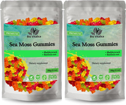Sea Moss Gummies - Irish sea Moss raw Organic, Bladderwrack, Burdock Root. Contains Sea Moss Gel and Powder. Superfoods for Vegan, Keto and Dr Sebi Diet. Immune Boosting (2 Packs)