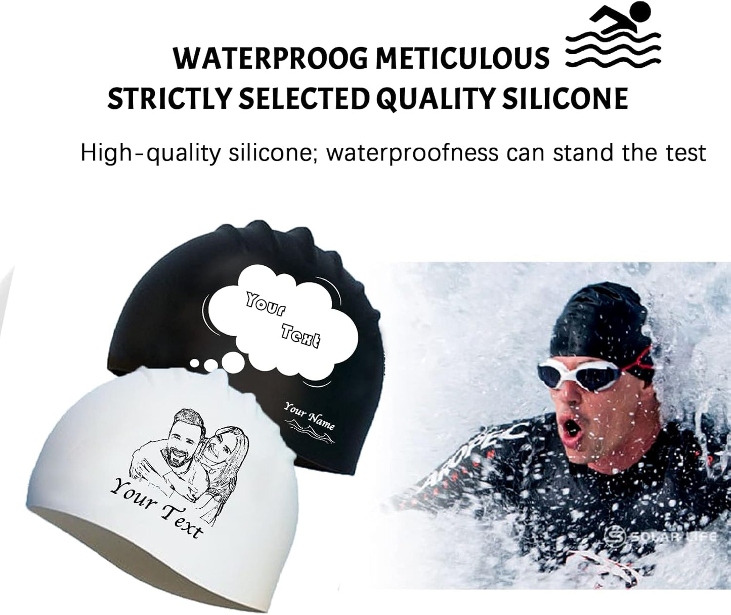 Custom Swim Cap with Photo Personalized Silicone Swim Cap for Men and Women Swimming Customized Swimmers Cap for Short and Medium Length Hair