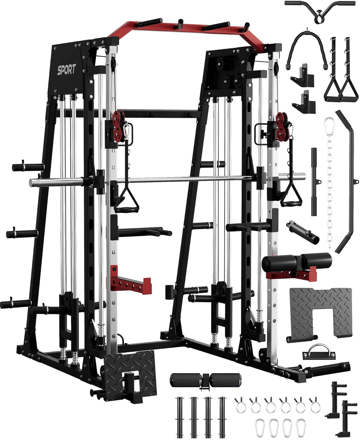 Smith Machine Home Gym, 2200 LBS All in One Squat Rack Power Cage with Smith Bar, Cable Crossover System & LAT-Pull Down System, Training Equipment