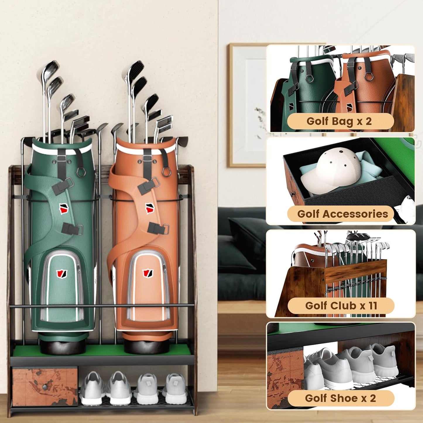 Golf Bag Organizer Storage for 2 Bags with Drawer – Easy Assemble Golf Club Stand Ideal for Garage, Clubs and Basement