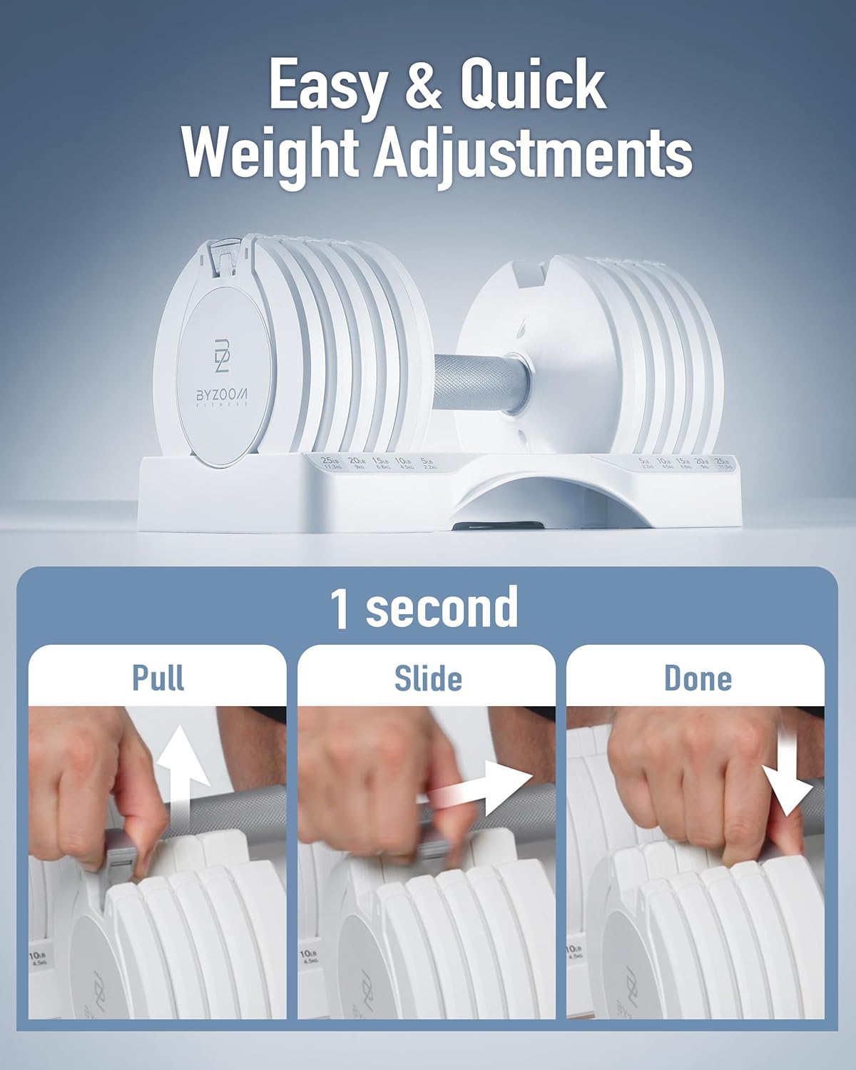 Adjustable Dumbbell – 12.5/25lb Single Unit OR Set of 2 – 5-in-1 Adjustable Weight for Home Gym, Strength Training & Fitness Workouts, White OR Black