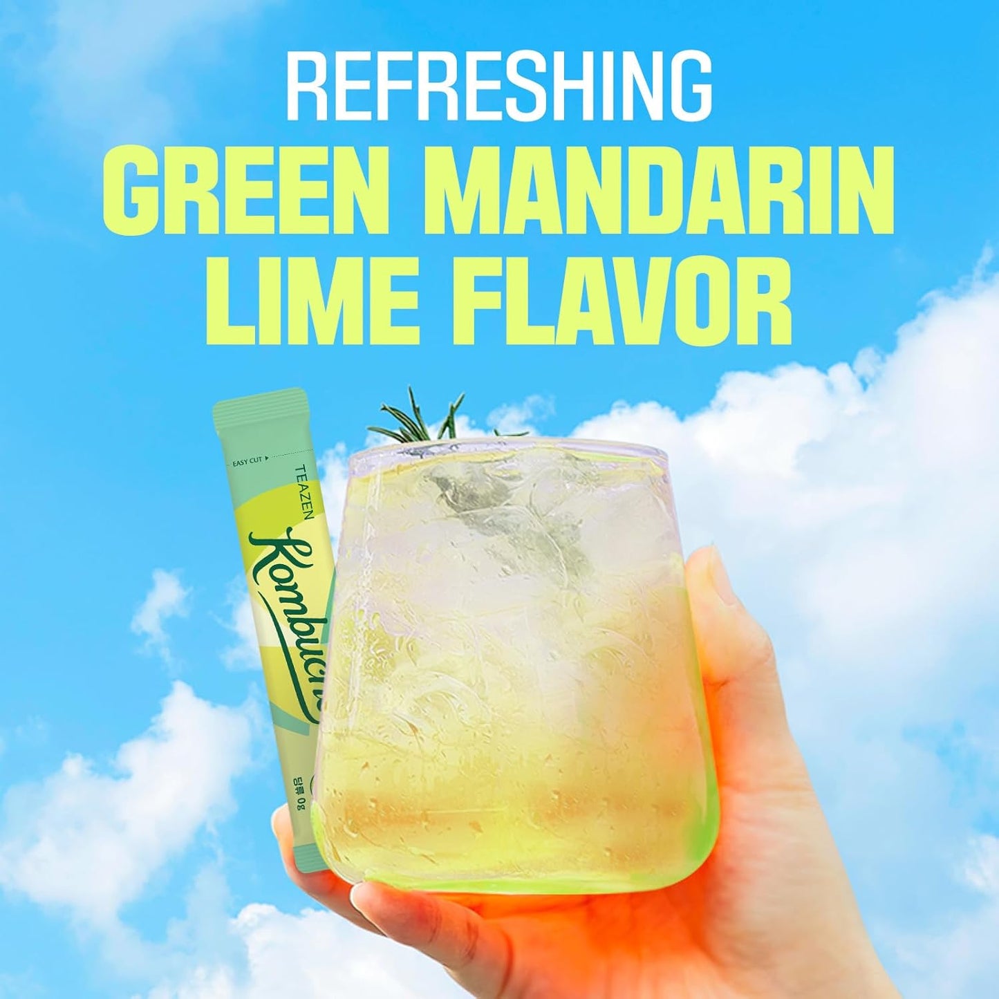 TEAZEN Green Mandarin Lime Kombucha Tea, Hydration Drink Mix, Sugar Free, Live Probiotics & Prebiotics, 10 Sticks, 1.76oz