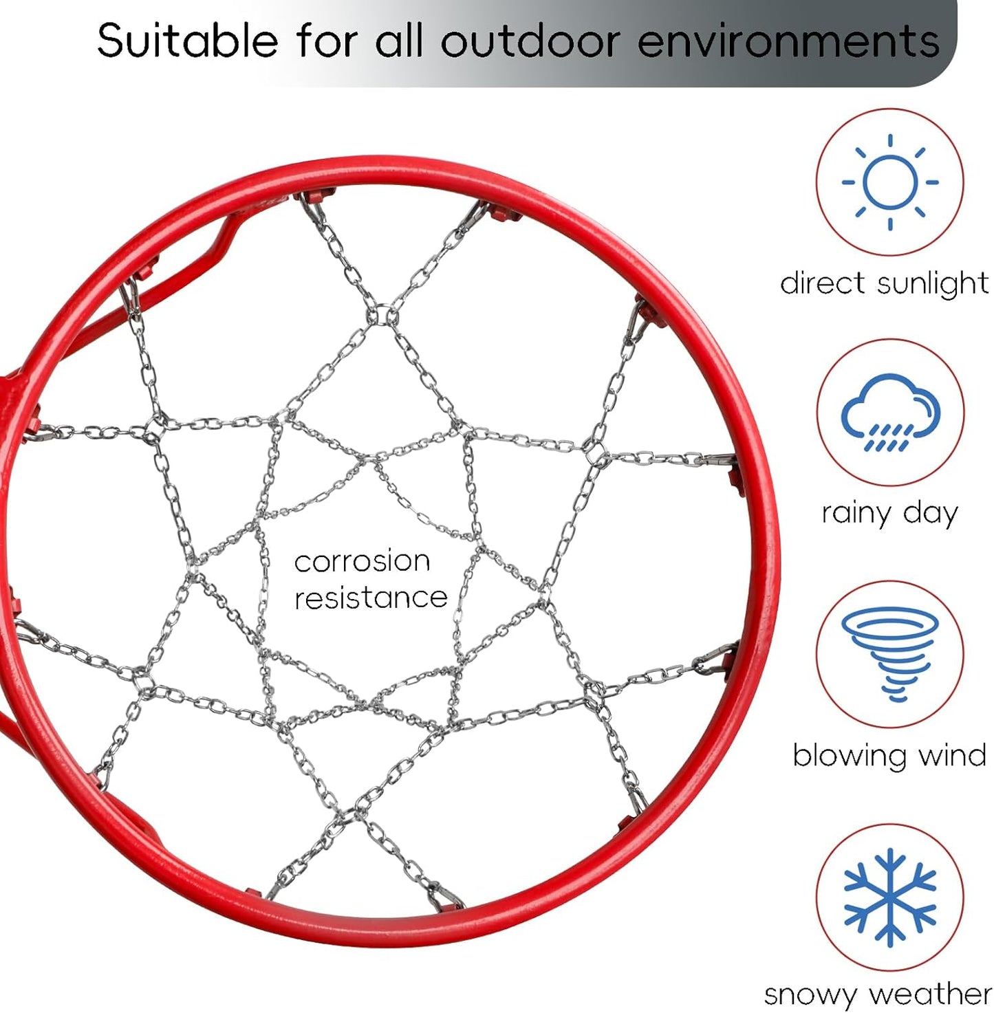 Basketball Net, Stainless Steel Braided Chain Heavy Duty, Standard Basketball Net (12 Links), Quick Installation. Suitable for Indoor and Outdoor Climates