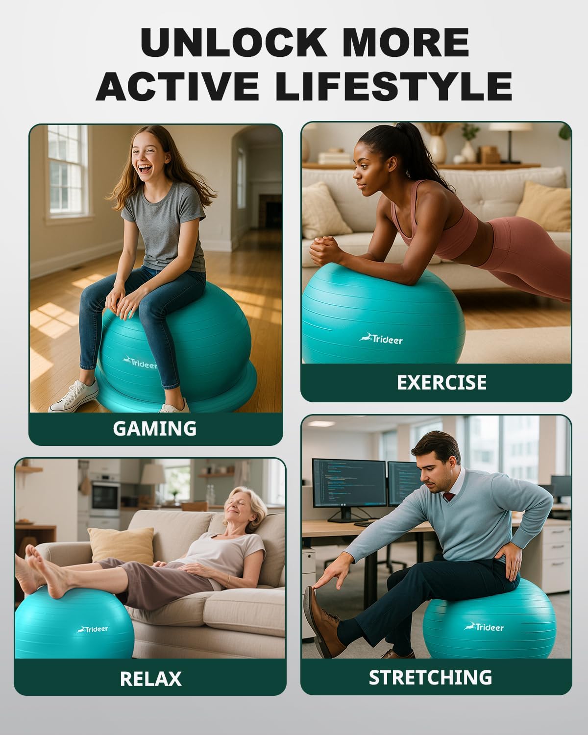 Trideer Exercise Yoga Ball Chair with Base for Home Office Desk, Stability & Fitness Ball Seat to Relieve Back Pain, Home Gym Workout for Abs, Pregnancy Ball with Pump