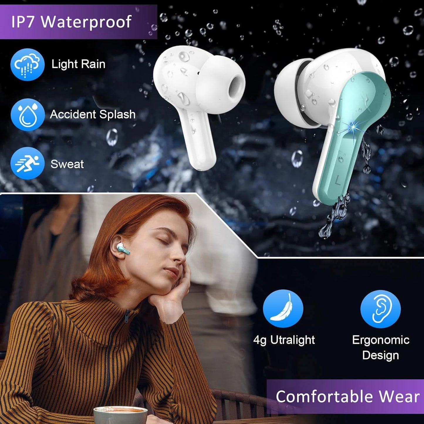 Wireless Earbuds, 2025 Bluetooth Headphones 5.3 HiFi Stereo Ear buds with ENC Noise Cancelling Mics, 40H Bluetooth Earbuds with Dual LED Display Charging Case, IP7 Waterproof Earphones for Android iOS
