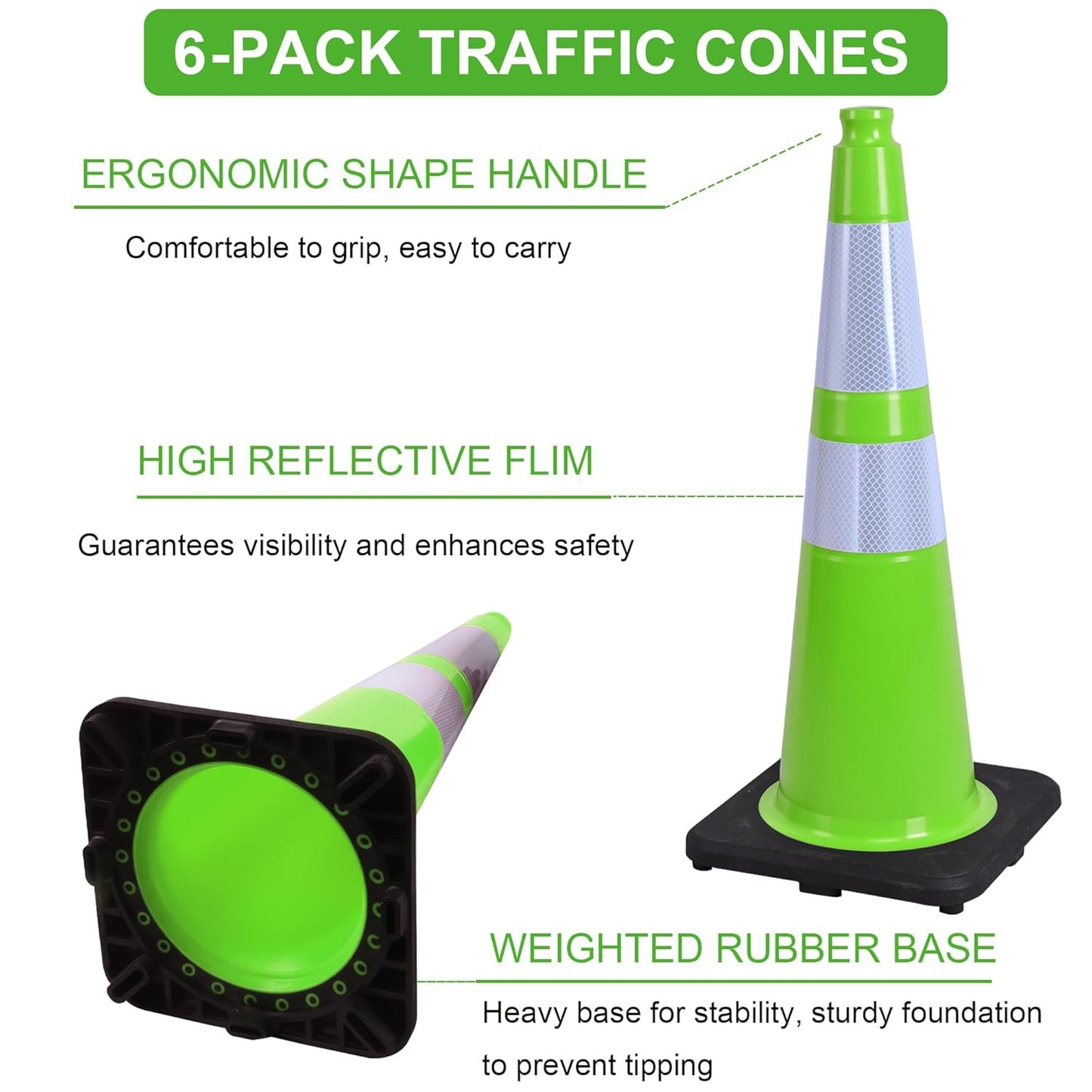 OrangeStar 28" Traffic Cones 6-Pack, Green Safety Cones with Reflective Collars, Weighted Rubber Base for Parking, Construction, Road Safety, Indoor & Outdoor Use