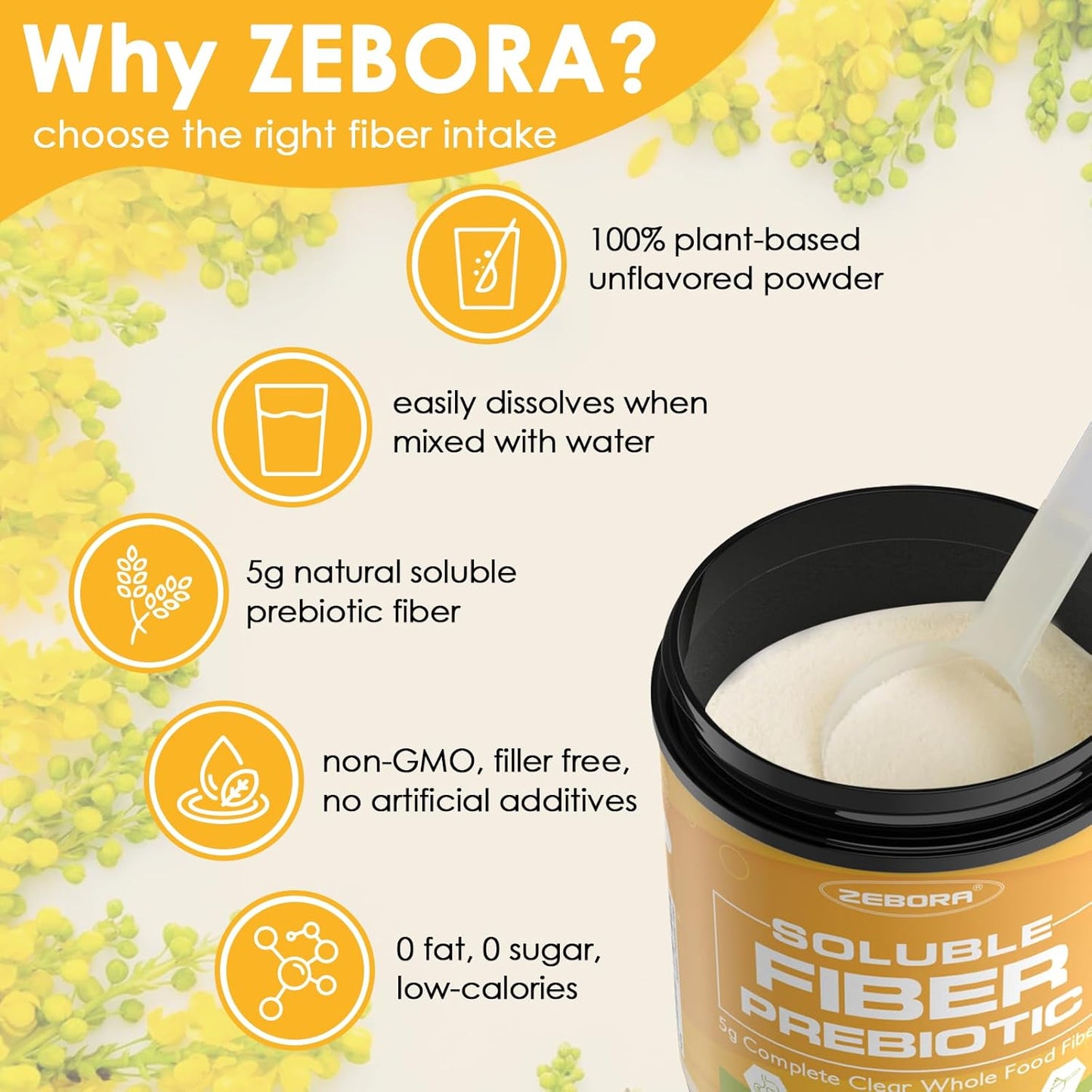 ZEBORA Fiber Supplement Powder, Soluble Prebiotic Fiber Powder Unflavored with Acacia for Digestive Health, Regularity and Hunger Control No Sugar Added, No Grit, Gluten Free, 70 Servings