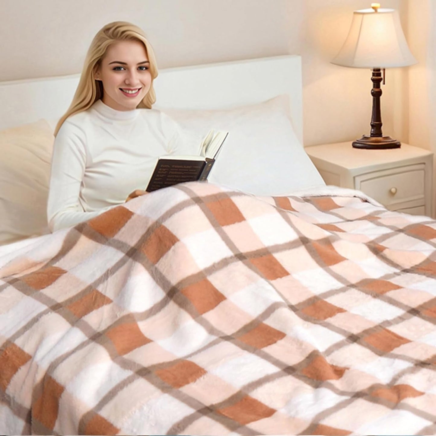 PU MEI Super Soft Faux Rabbit Fur Sherpa Fleece Throw Blanket, Reversible Luxury Cozy Cute Furry Blanket, Plush Warm Shaggy Fluffy Checkered Blankets for Sofa Couch Bed (Beige-Plaid, 80" x 90")