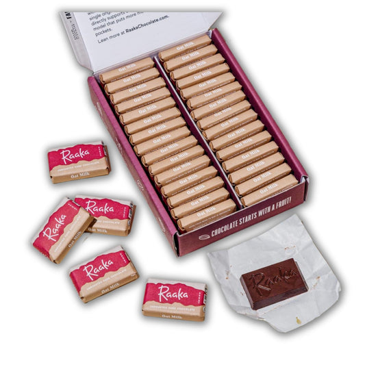 Raaka Oat Milk Chocolate Gift Box | 58% Cacao Vegan Milk Chocolate | Organic, Vegan, Gluten Free | Box of 30 Individually Wrapped Chocolates