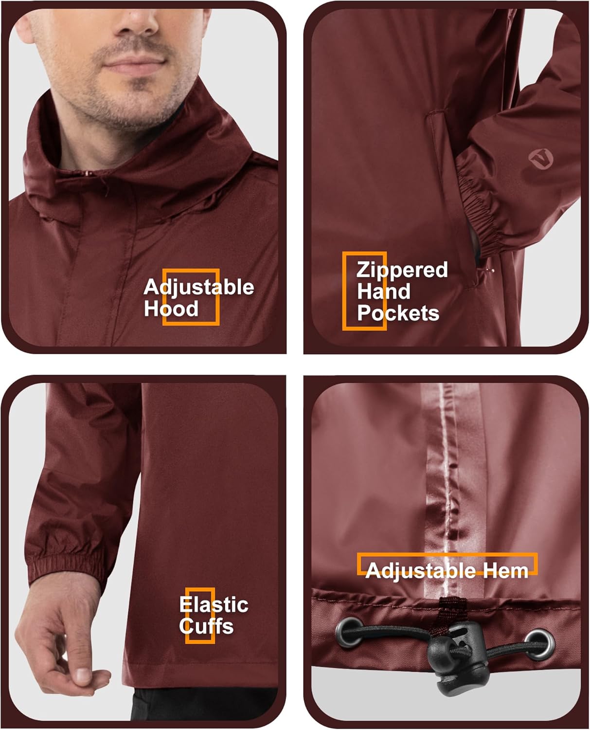 Outdoor Ventures Men's Rain Jacket Waterproof Lightweight Packable Rain Pullover for Hiking Golf Running