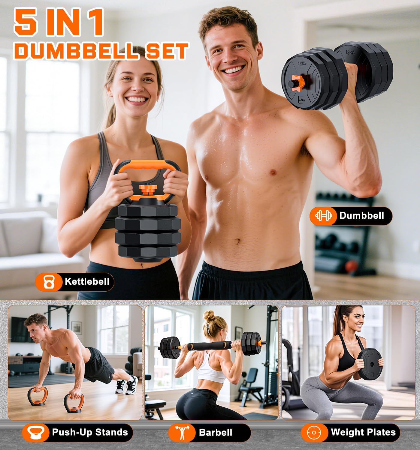 5-in-1 Adjustable Dumbbell Set, 33/44/66/88lbs Free Weights Set with Connector, Used as Kettlebells, Barbell, Push up Stand, Standard 1" Plates, Fitness Exercises for Home Gym Suitable Women/Men