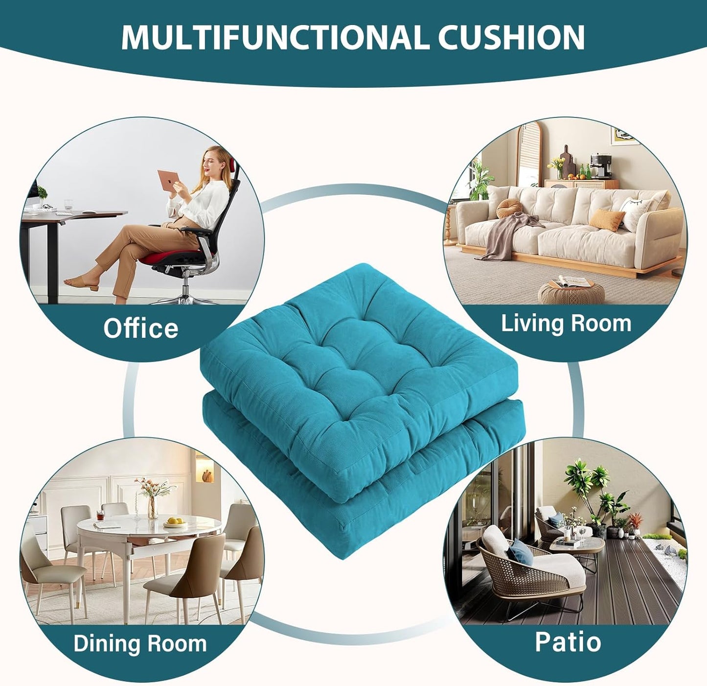 Tiita Square Outdoor Cushions Floor Pillow Thicken Tufted Seat Cushion for Adult Seating on Floor Yoga Meditation Living Room Balcony Office Indoor, Set of 2, 22x22 Inch, Blue
