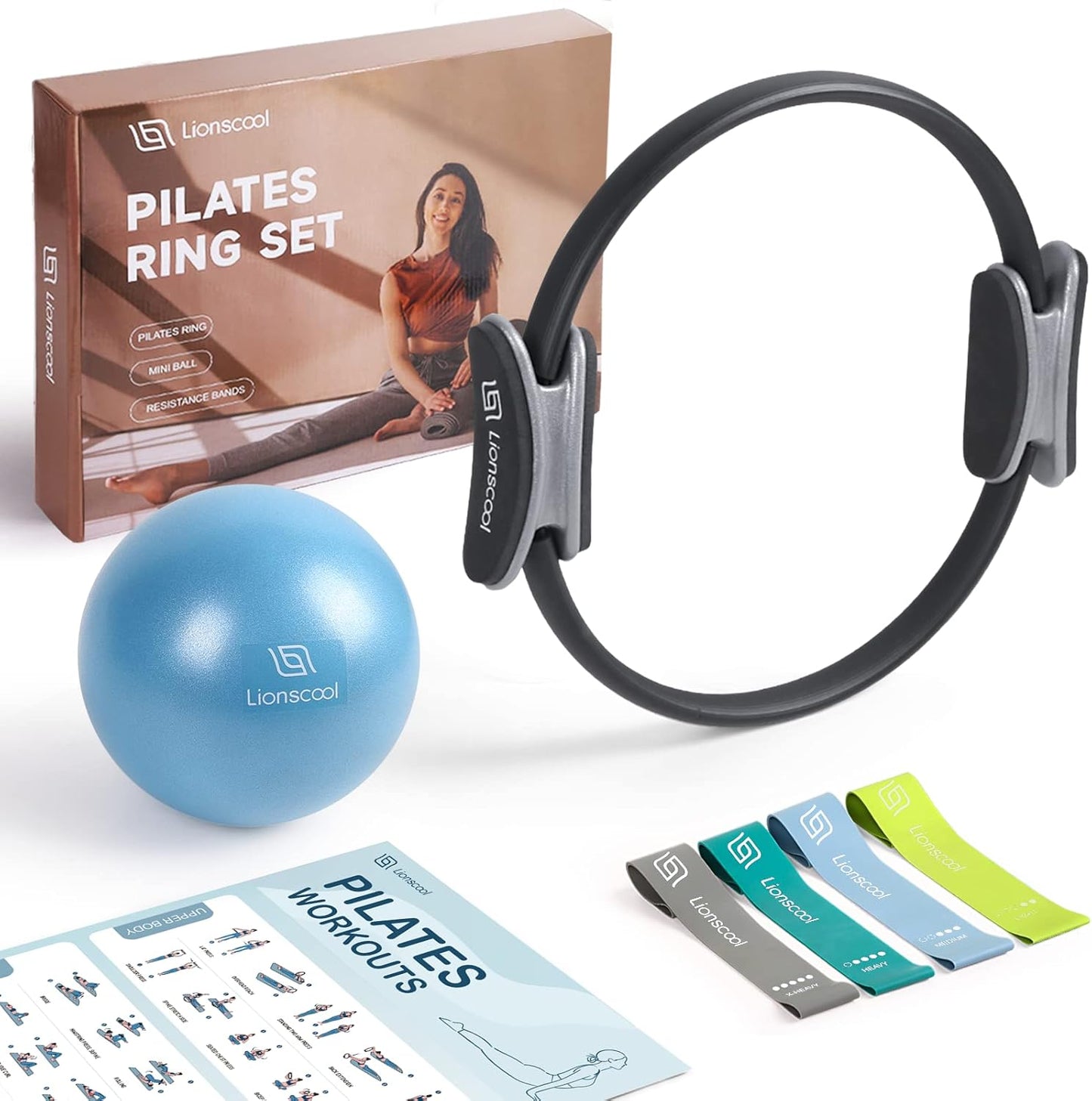 LIONSCOOL Pilates Ring Set – 14" Anti-Deformation Magic Circle with Padded Handles, Mini Ball, Resistance Bands, Guide & Bag
