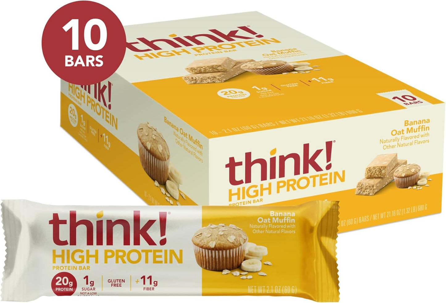 think! Protein Bars, High Protein Snacks, Gluten Free, High Fiber, Banana Oat Muffin, 10 Count