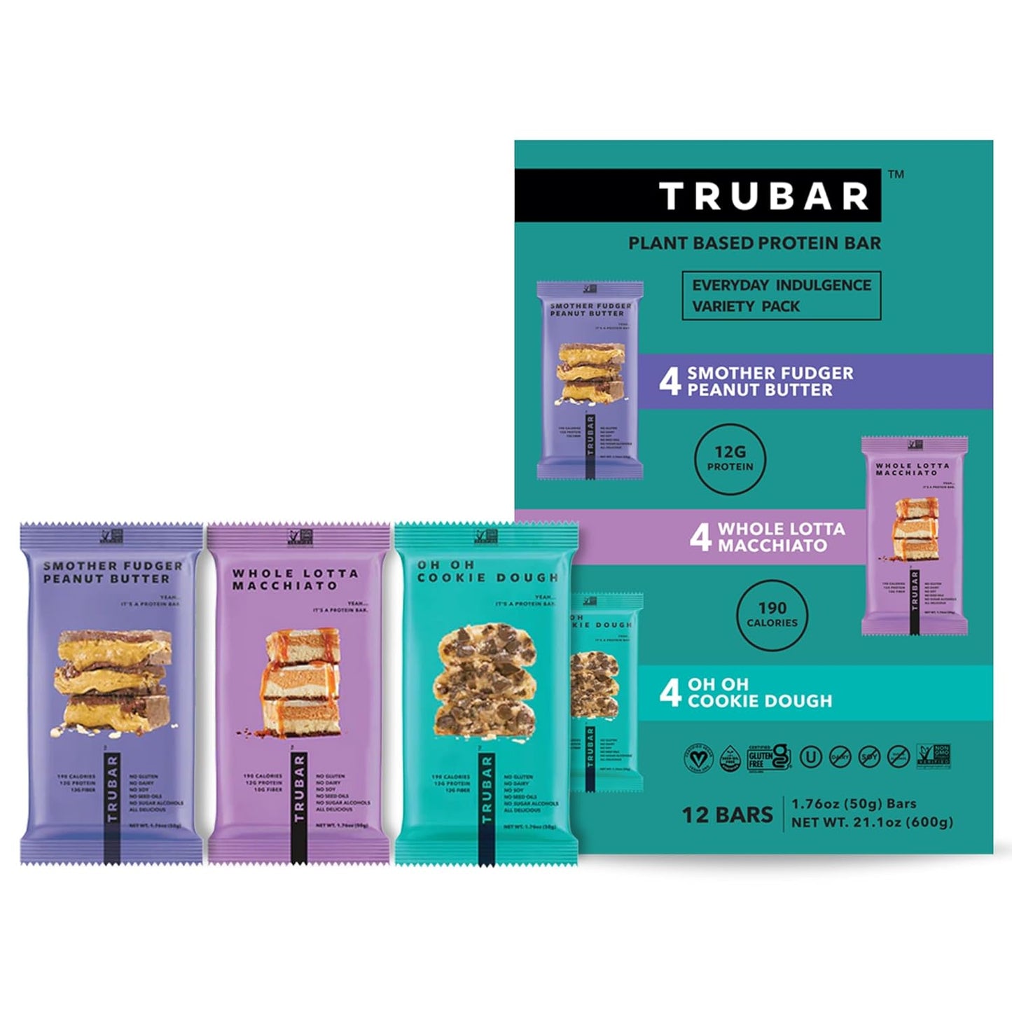 TRUBAR Vegan Protein Bar Variety Pack, Assorted Flavors, Peanut Butter, Macchiato, Cookie Dough, Gluten Free, Vegan Protein Snacks, 12G Plant-Based Protein, High Fiber, Healthy Protein Bars, 12 CT