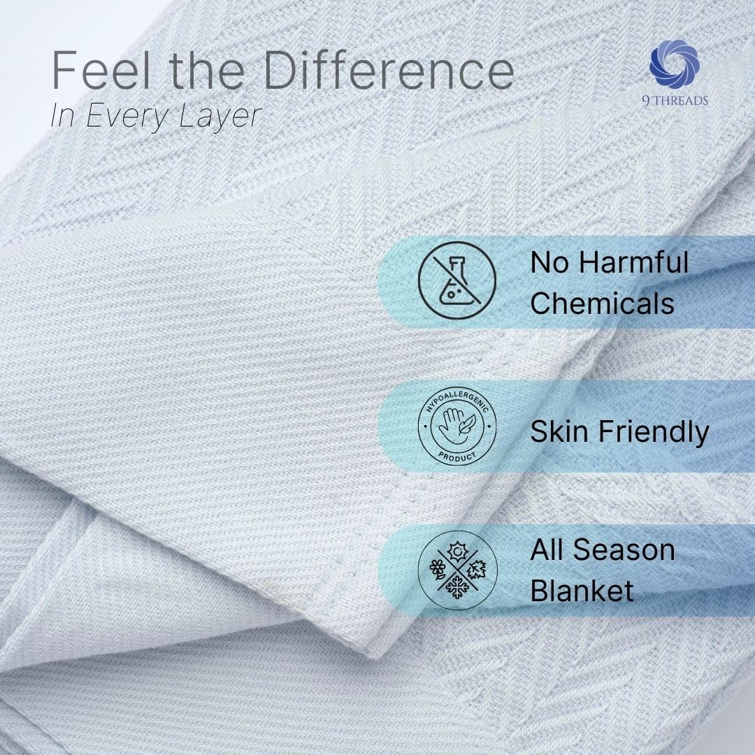 100% Cotton Herringbone Weave Blankets, 66"X90" Twin, Throw Blanket for Bed,All Season Cotton Blanket, Cozy Blanket,Throws Bed Blanket, Throw Blanket for Couch,Modern Home Decor -Light Blue