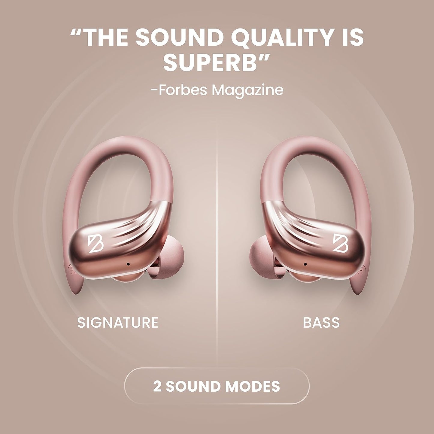 Rose Gold Wireless Running Earbuds for Women. Pink Bluetooth Sport Earbuds for Running, 80 Hour Long Battery Life Over the Ear with EarHooks, Wrap Around Ear buds with Microphone, Earphones
