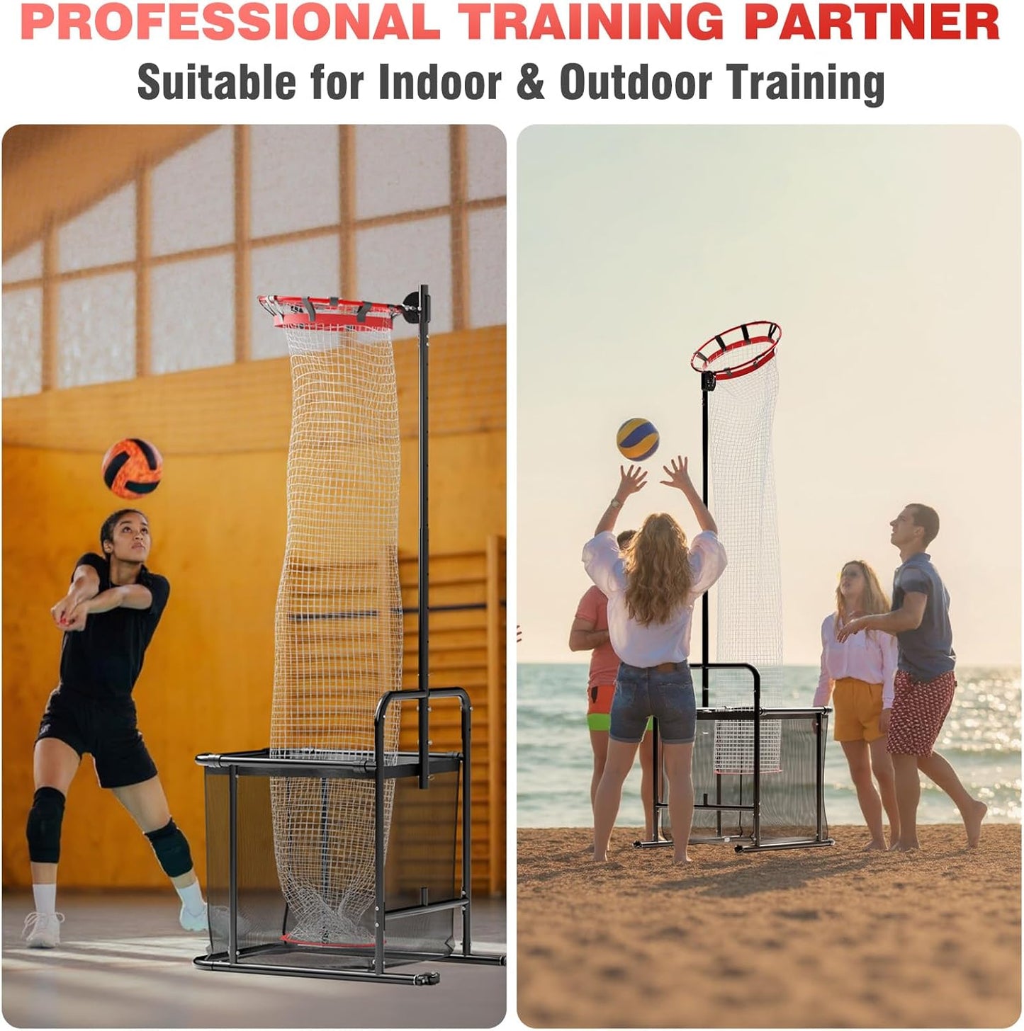 Pro Volleyball Setter Training Equipment Volleyball Setting Trainer Practice Net with 2 Target Hoop Size & 6 Angles & 13 Height Adjustment Ball Collection Bag Indoor Outdoor Practice