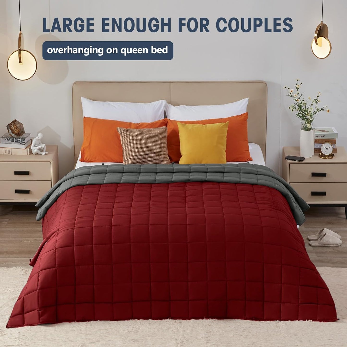 yescool Weighted Blanket for Adults (20 lbs, 88” x 104”, Red Grey) Cooling Heavy Blanket for Sleeping Perfect for 190-210 lbs, Queen Size Breathable Blanket with Premium Glass Bead, Machine Washable