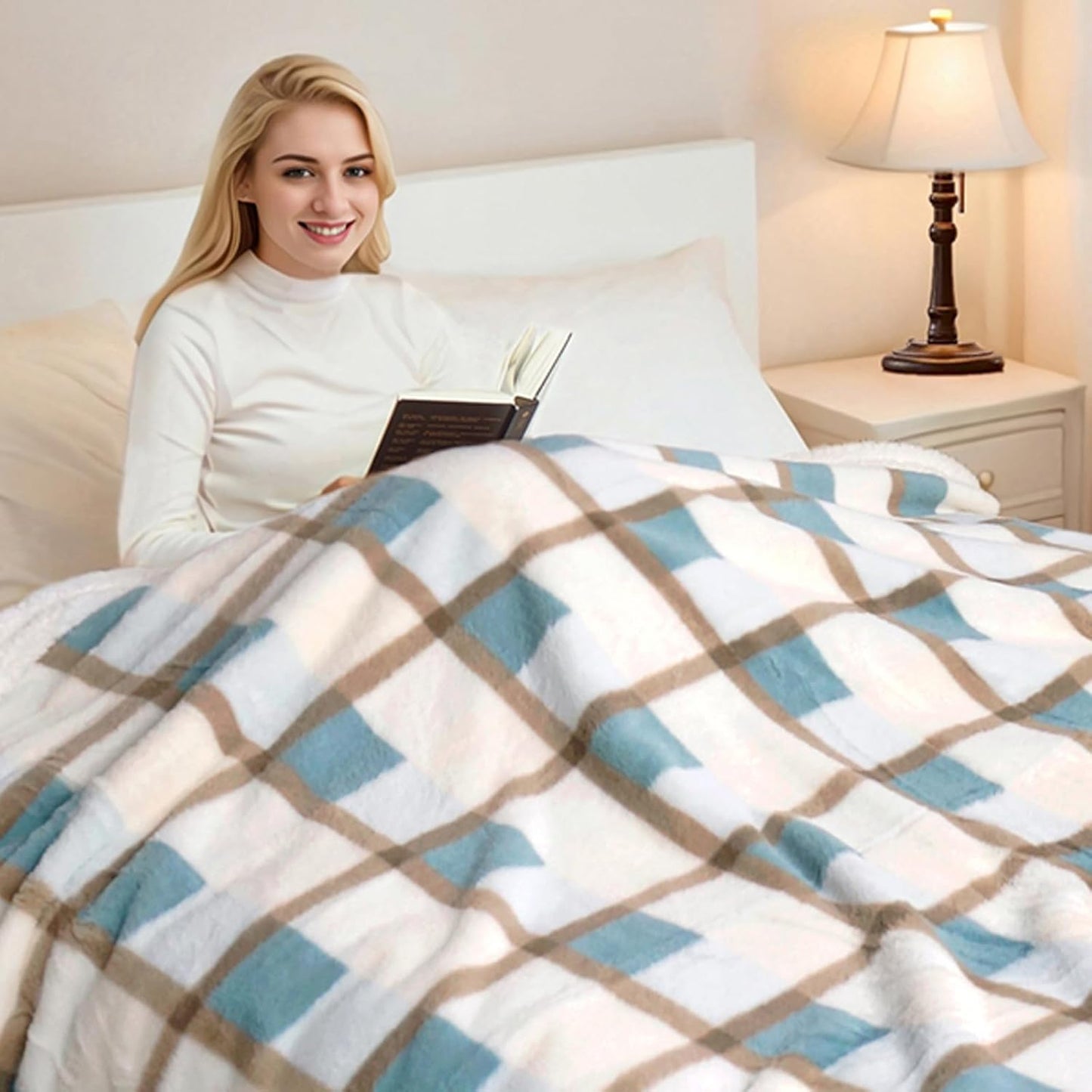 PU MEI Super Soft Faux Rabbit Fur Sherpa Fleece Throw Blanket, Reversible Luxury Cozy Cute Furry Blanket, Plush Warm Shaggy Fluffy Checkered Blankets for Sofa Couch Bed (Green-Plaid, 80" x 90")