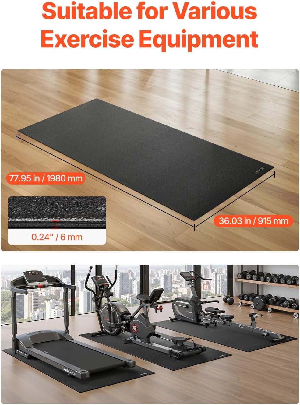 VEVOR Treadmill Mat for Carpet Floor, Exercise Equipment Mat for Treadmills, Stationary & Recumbent Bikes, High Density PVC Floor Protector Gym Mats, Waterproof and Non-Slip for Home Gym