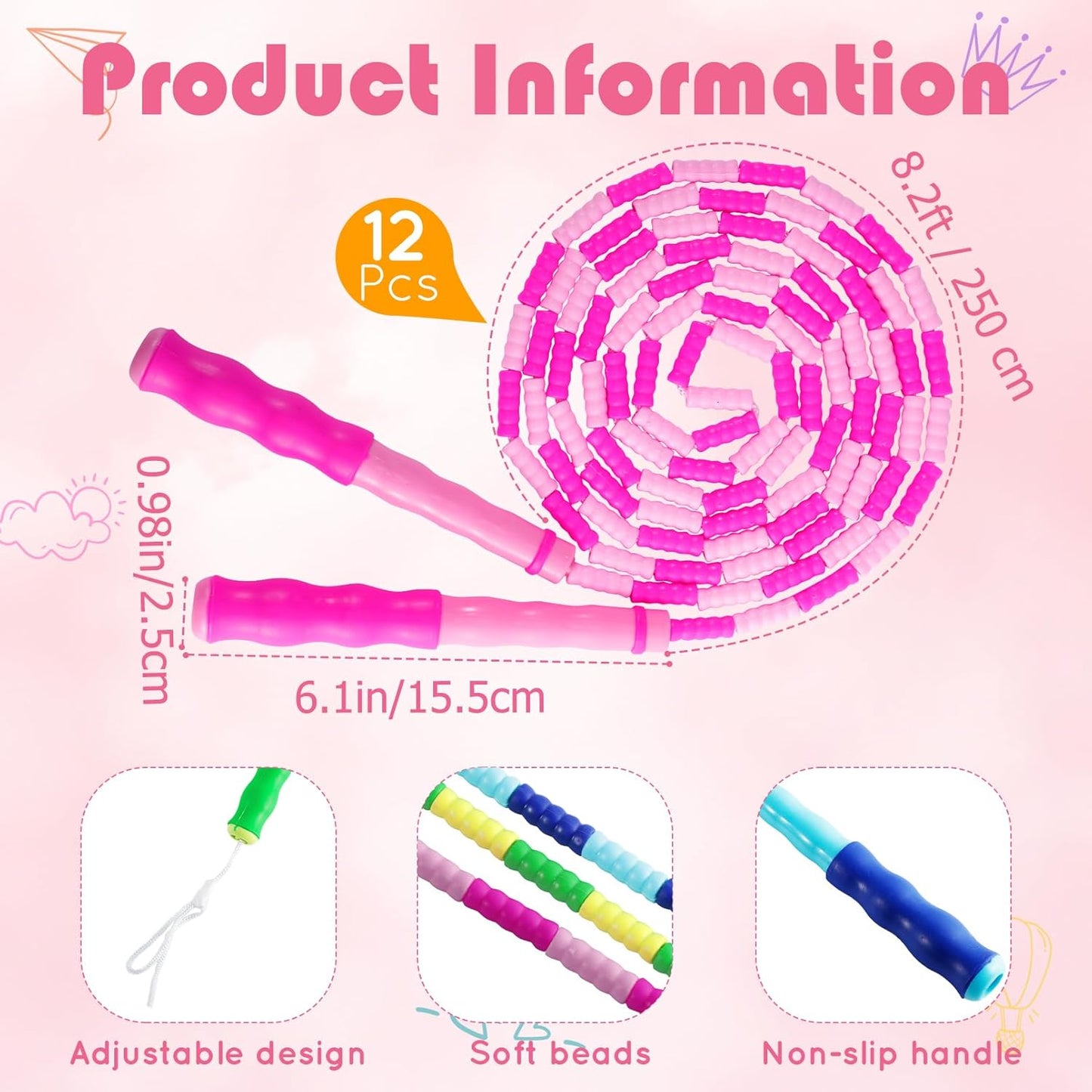 12 Pack Jump Ropes for Kids,Beaded Jump Rope,Adjustable Length Tangle-Free Segmented Jumping Rope,Beaded Skipping Ropes for Kids,Men,Women,Adults Exercise,8.2 Ft