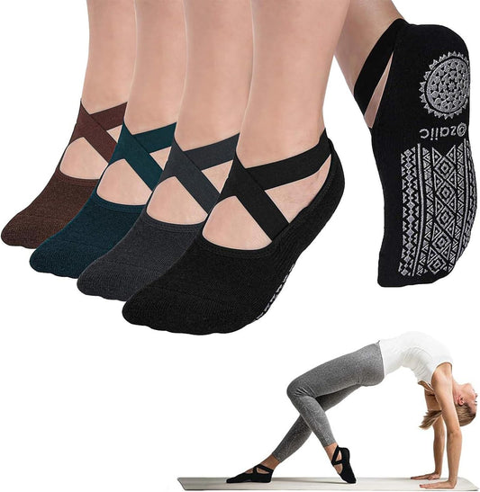 Ozaiic Yoga Socks for Women Non-Slip Grips & Straps, Ideal for Pilates, Pure Barre, Ballet, Dance, Barefoot Workout