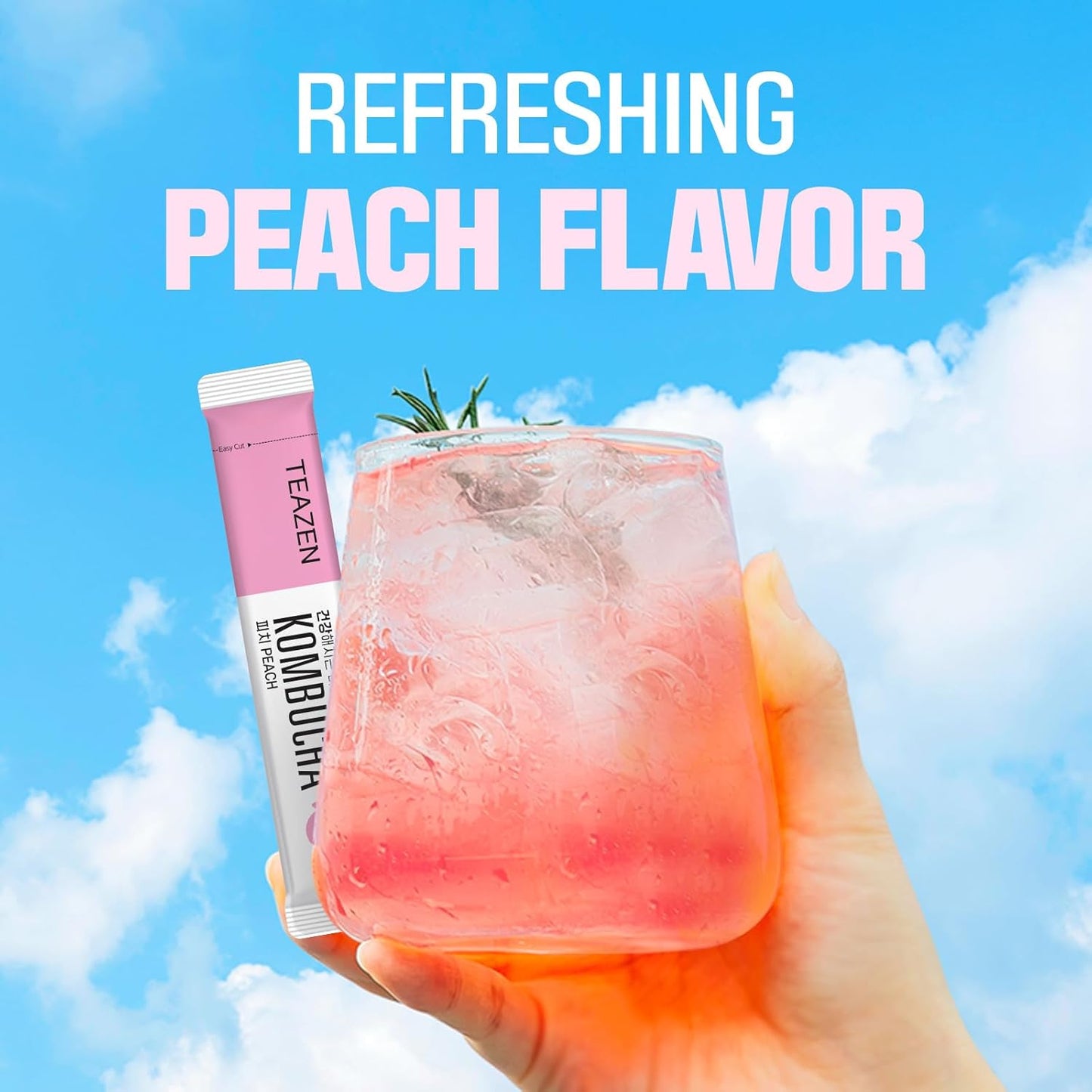 TEAZEN Peach Kombucha Tea, Hydration Drink Mix, Sugar Free, Live Probiotics & Prebiotics, 10 Sticks, 1.76oz