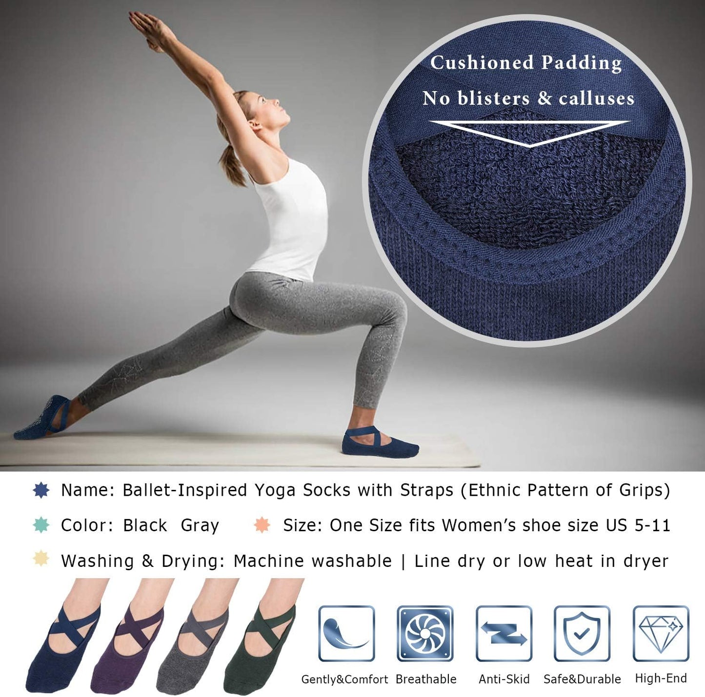 Ozaiic Yoga Socks for Women Non-Slip Grips & Straps, Ideal for Pilates, Pure Barre, Ballet, Dance, Barefoot Workout
