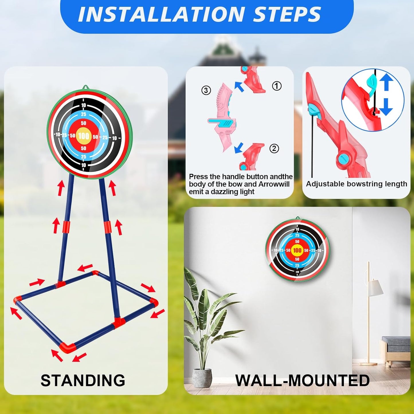 Bow and Arrow Set for Kids 4-12 Years Old, LED Light Up Archery Toy with 20 Suction Cup Arrows and Standing Target, Indoor Outdoor Activity Toys for Ages 4-6 8-13