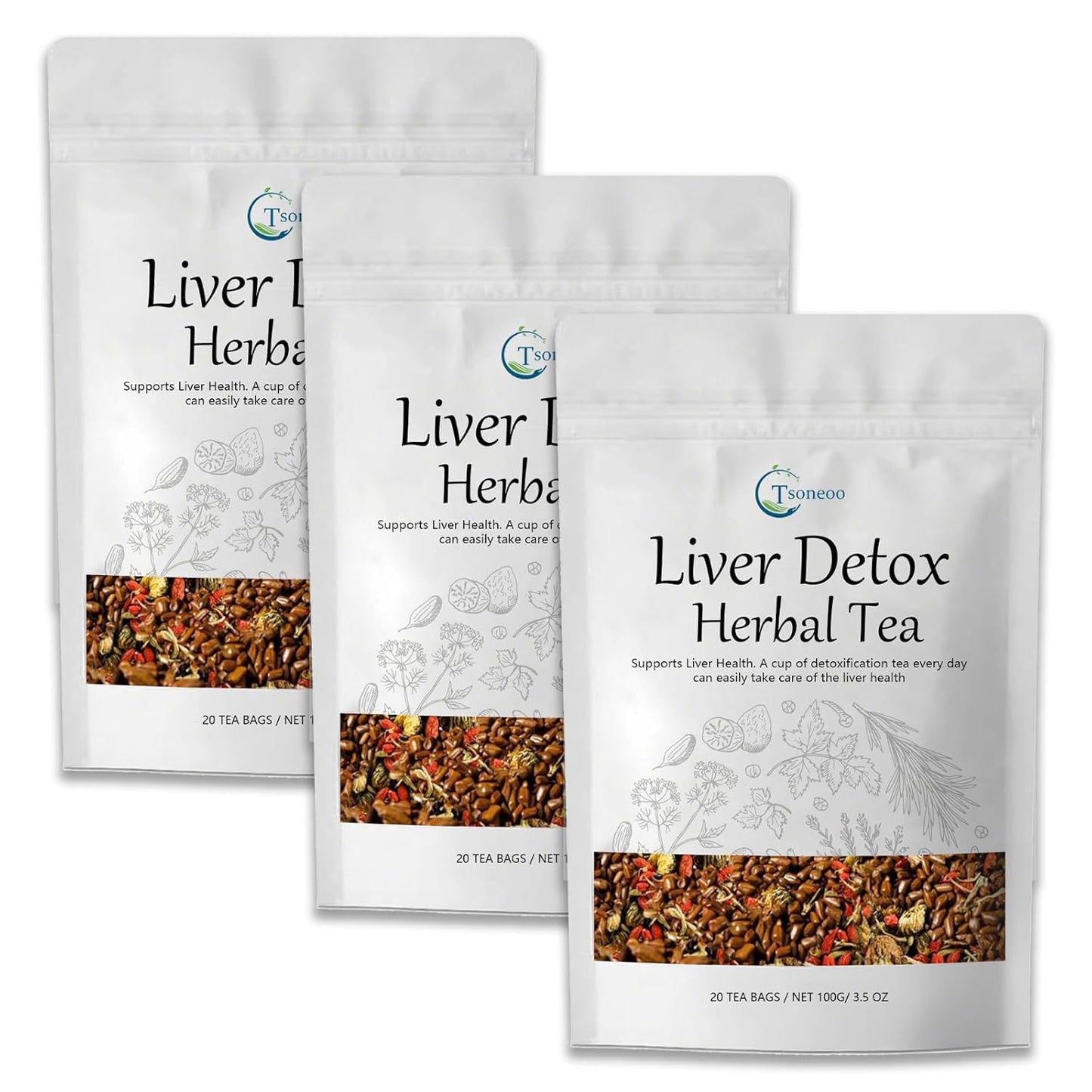 Liver Detox Herbal Tea | 20 Tea Bag，aids digestion，Caffeine-free, nine natural ingredients including milk thistle, chrysanthemum, cassia seed, etc. (3pcs)