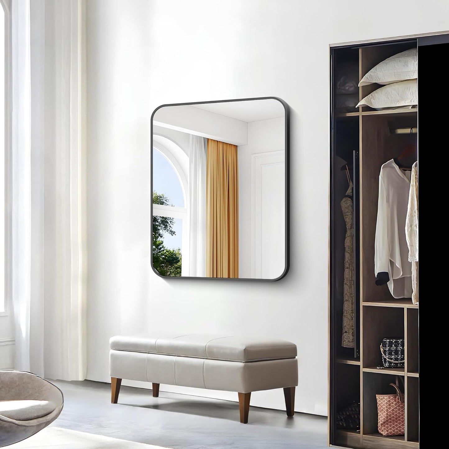 30x36 inch Bathroom Mirror,Black Rectangle Mirror,Wall Mounted Bathroom Frame Vanity Mirror with Round Corner for Bedroom Living Room, Entryway Hangs Horizontal or Vertical