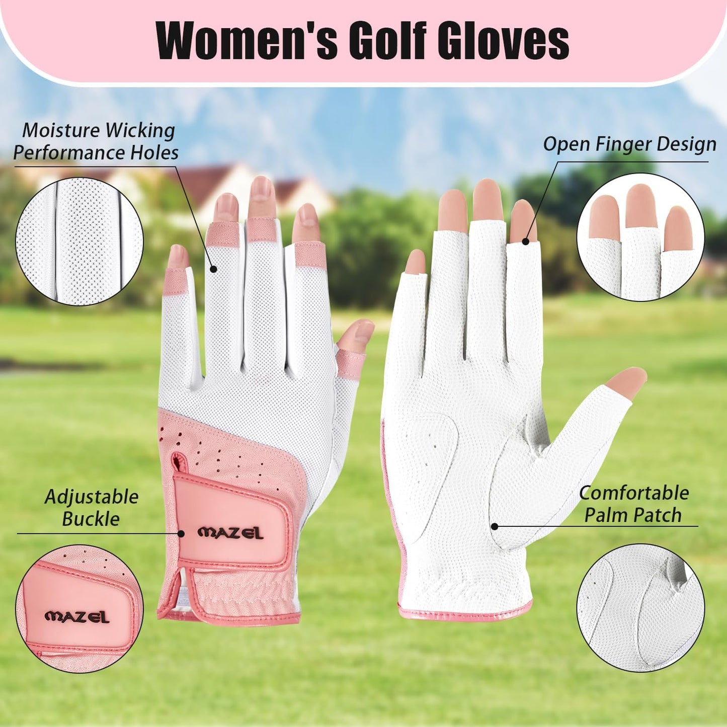 MAZEL Women's Fingerless Golf Gloves One Pair Open-Finger Design,Breathable Hot Wet Weather Sweat-Absorbing,Fit Size S M L XL