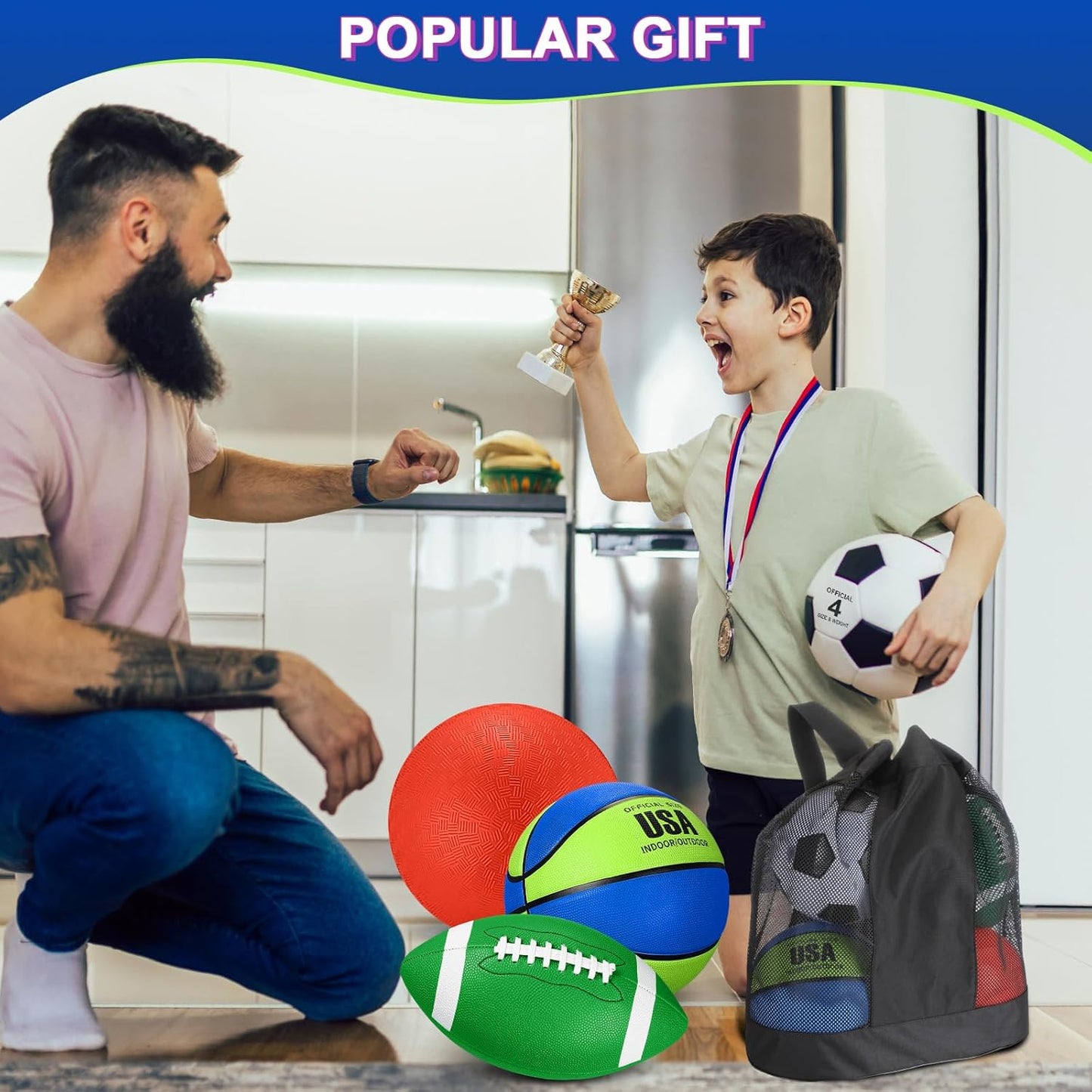 Deekin 4 Pcs Sport Balls Set for Kids Teens, Include Official Size 5 Basketball 4 Soccer 6 Football Playground Ball and Pump Sports Equipment Bag Recess Equipment Sport for Students(Navy Blue, Green)