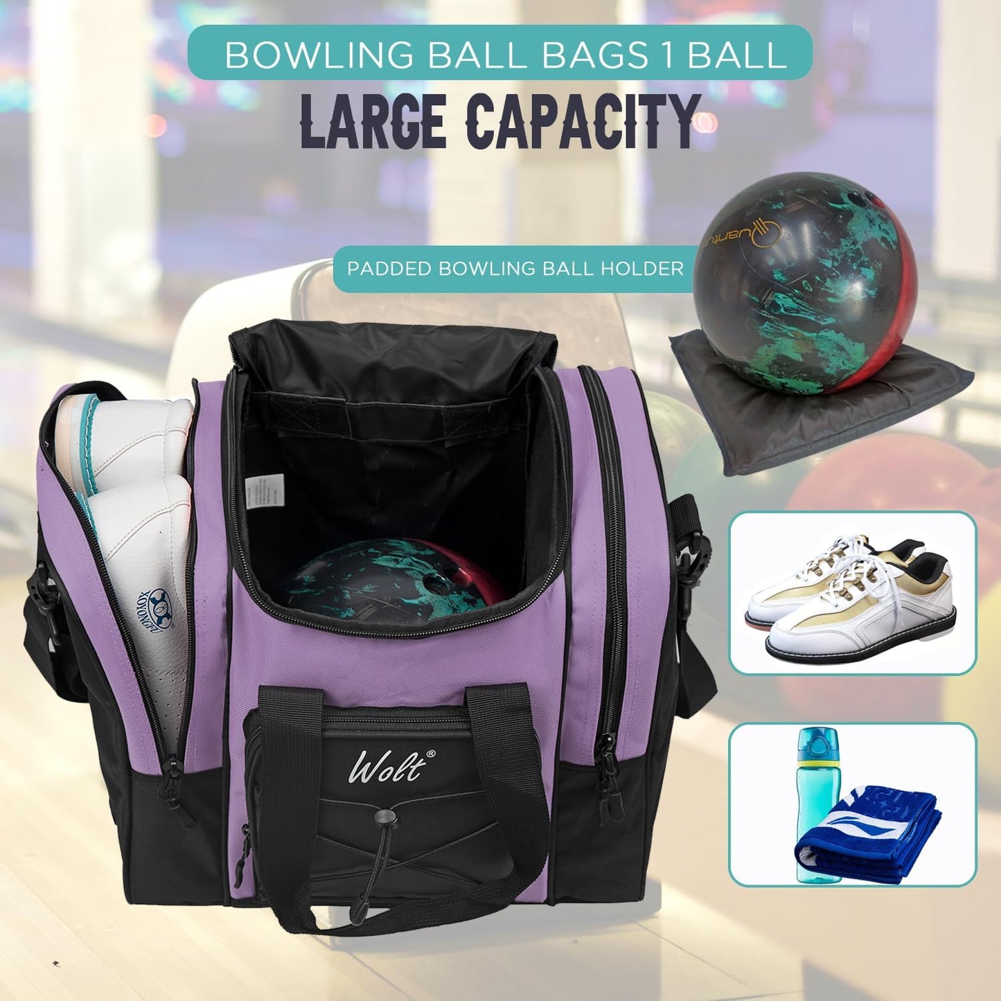 WOLT Bowling Ball Bag for Single Ball - Bowling Ball Tote Bag with Padded Ball Holder, 2 Pockets fit Bowling Shoes Up to Mens Size 14 and Accessories