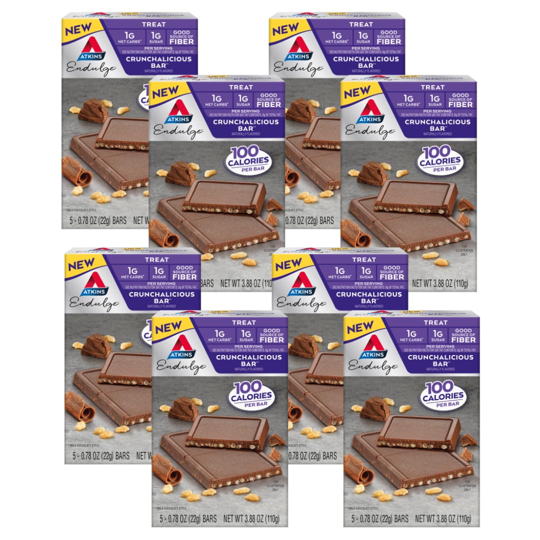 Atkins Endulge, Crunchalicious Bar, 1g Net Carbs, 1g Sugar, Good Source of Fiber, 5 Count (Pack of 8)