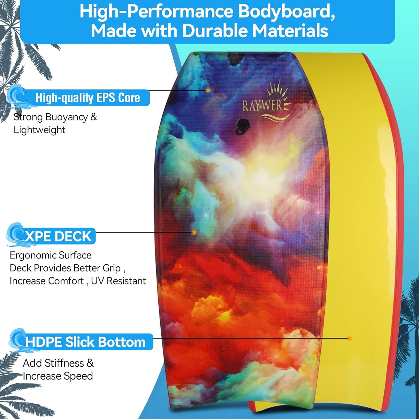 Body Board Lightweight with EPS Core, HDPE Slick Bottom, Leash & Adjustable Wrist Rope, Great Surfing for Kids and Adults