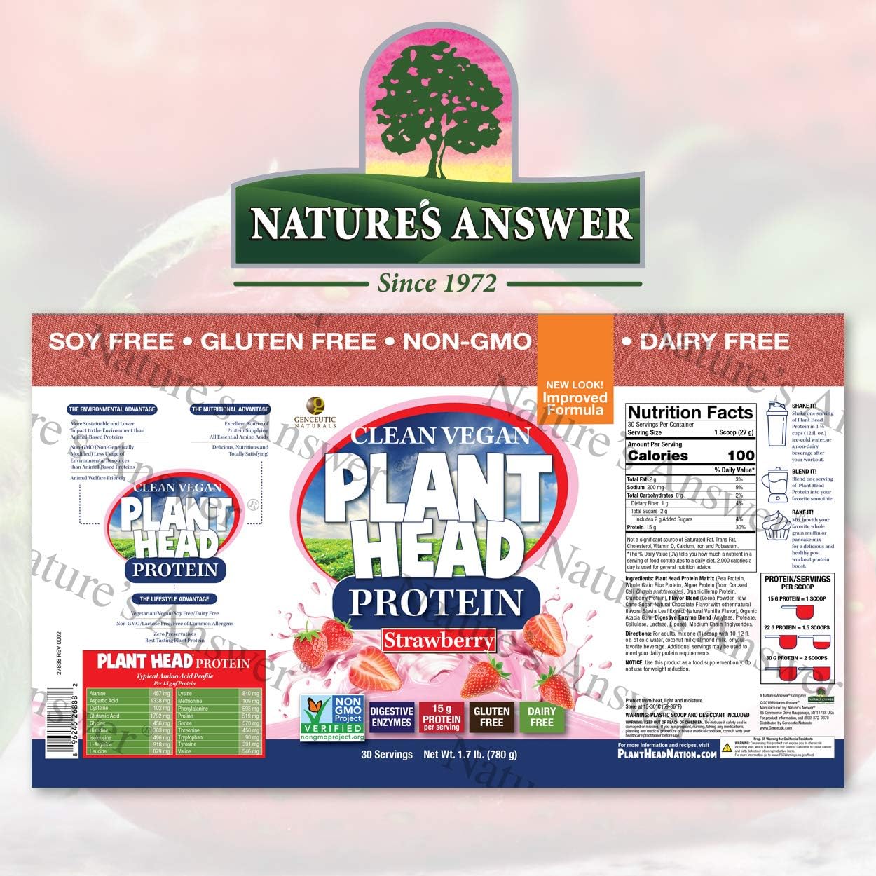 Plant Head Protein Naturally Flavored Best Tasting Strawberry Raw Vegan Vegetarian Protein Dietary Supplement Gluten Soy Dairy GMO Free – 30 Servings (1.8 Pounds)