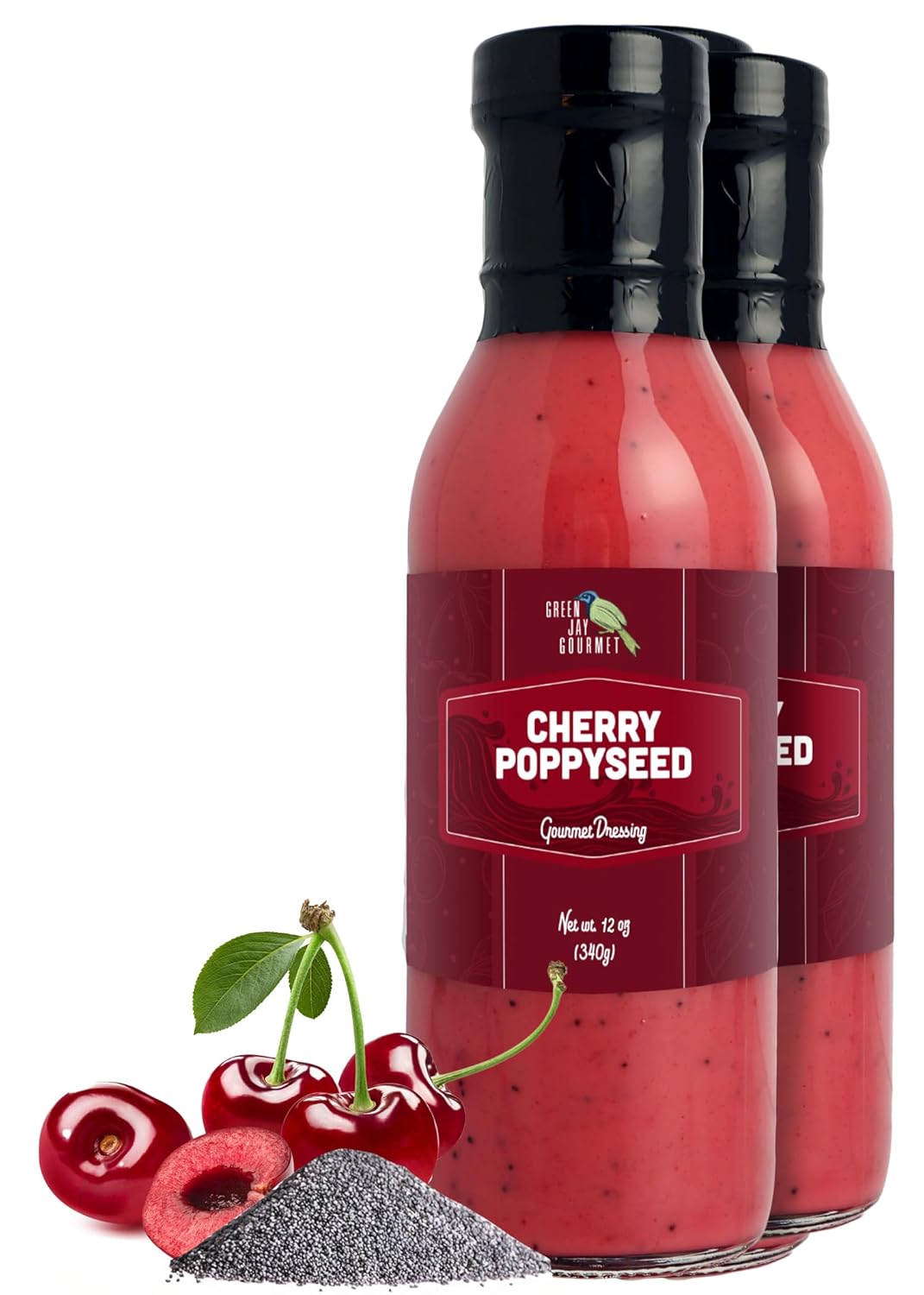 Green Jay Gourmet Cherry Poppyseed Salad Dressing – Sweet & Tangy with Real Cherries – Handcrafted in USA – Perfect for Salads, Marinades & Glazes – 2 x 12 Ounces
