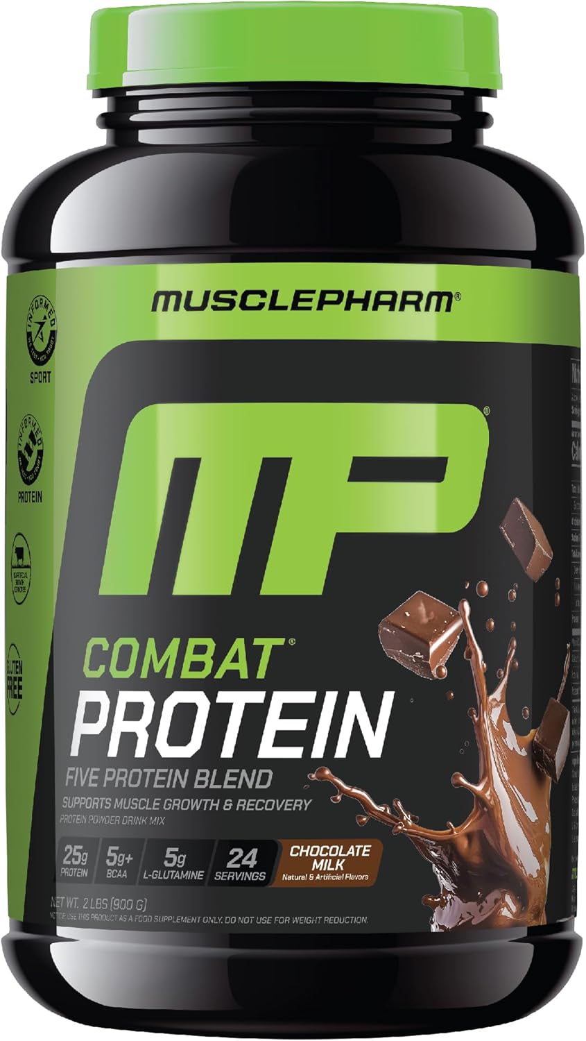 MusclePharm Combat Protein Powder, Chocolate Milk Flavor, Fuels Muscles for Productive Workouts, 5 Protein Sources Including Whey Protein Isolate & Egg Albumin, Gluten Free, 2 lb, 24 Servings