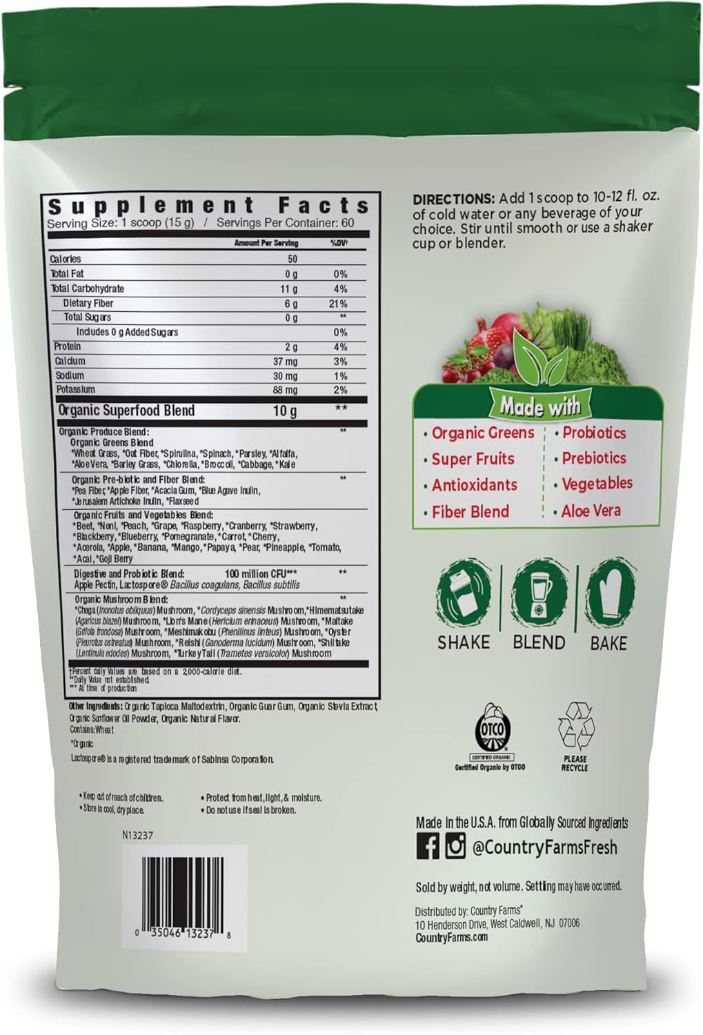 Country Farms Super Greens Natural Flavor, 50 Organic Super Foods, USDA Organic Drink Mix, Fruits, Vegetables, Super Greens, with Fiber, Mushrooms & Probiotics, Supports Energy, 60 Servings, 900g