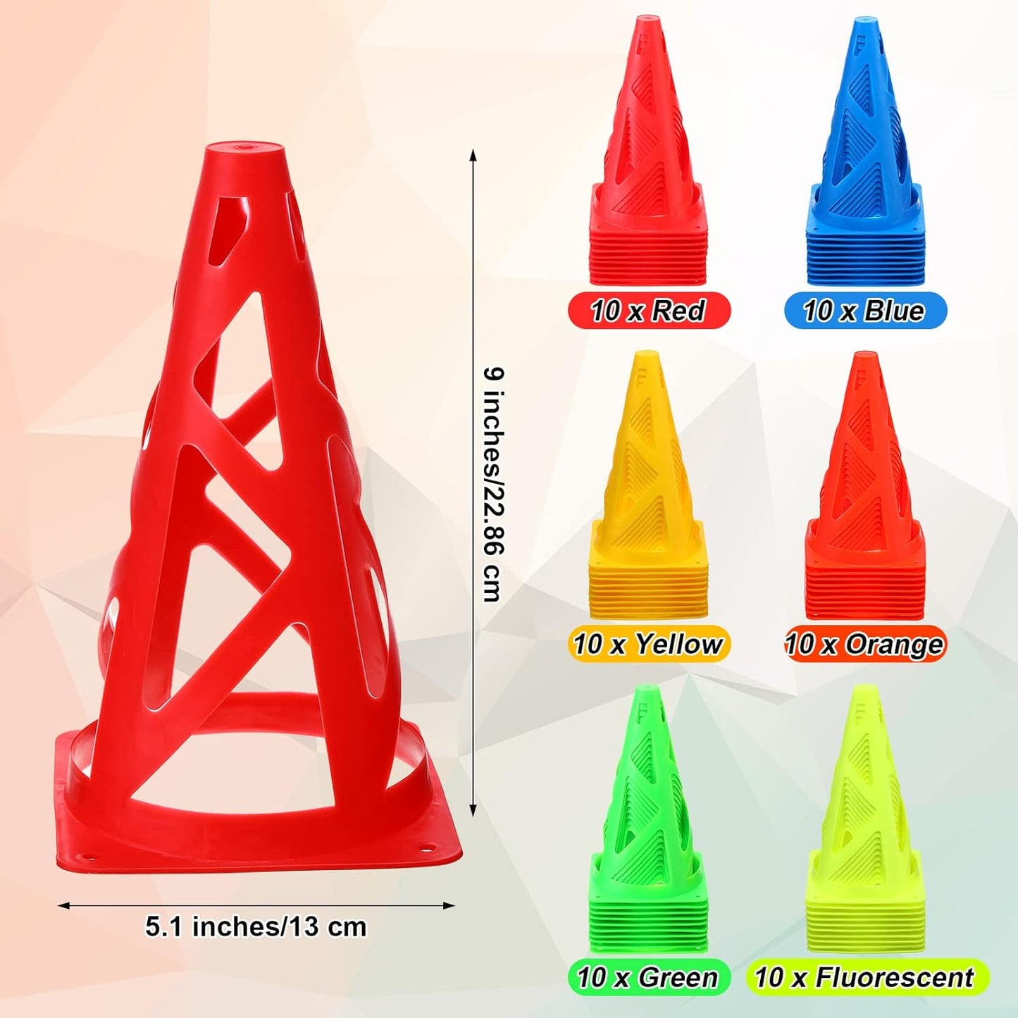 60 Pieces Plastic Agility Cones, 9 Inch Indoor Outdoor Training Sport Cone, Soccer Flexible Cone Sets Marker Cones for Kids Dogs Training, Party, Traffic, Drills, Basketball, Soccer, Assorted Colors