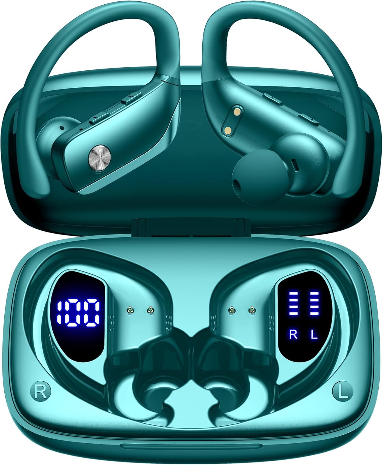 bmani Ear Buds Wireless Earbuds Bluetooth Headphones with 80H Playtime LED Display Case, Over-Ear Hook with Mic, Stereo Sound, Easy Button Controls, Sports Earphones for Running Workout Gym Green