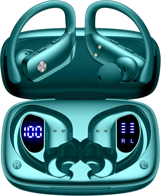 bmani Ear Buds Wireless Earbuds Bluetooth Headphones with 80H Playtime LED Display Case, Over-Ear Hook with Mic, Stereo Sound, Easy Button Controls, Sports Earphones for Running Workout Gym Green