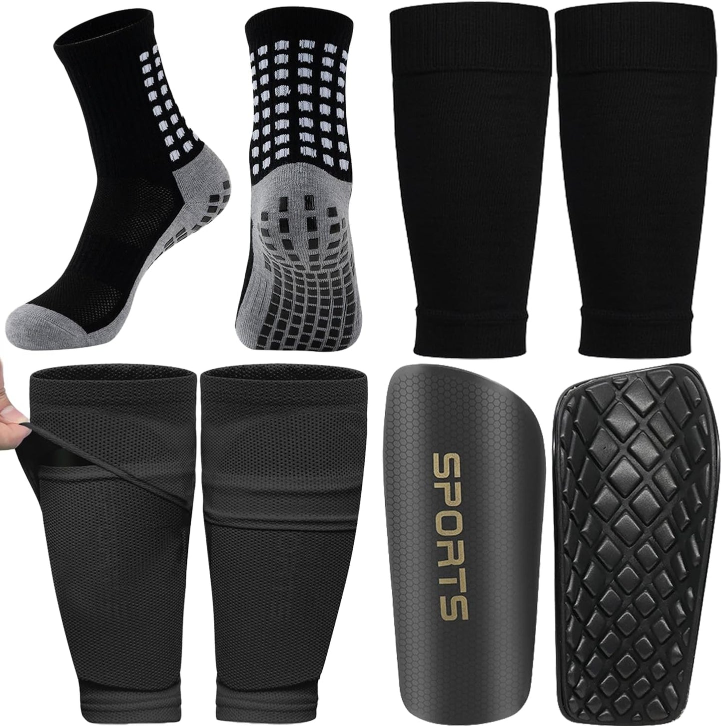 1 Pair Men's Grip Soccer Socks and 1 Pair Shin Guard Sleeves,1 Pair Sleeves with Optimized lnsert Pocket and Shin Guards