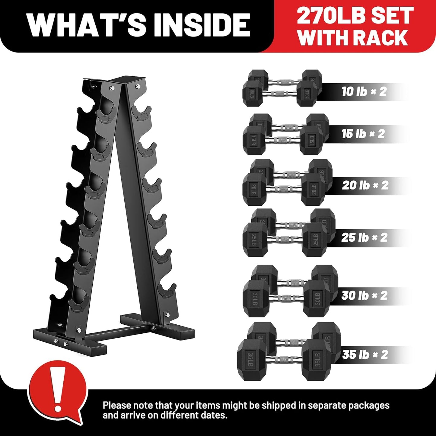 PAPABABE Hex Dumbbell Sets with Rack, 60-550lb Rubber Coated Dumbbell Weight Set and Storage Rack, Multiple Options Hand Weights for Strength Training