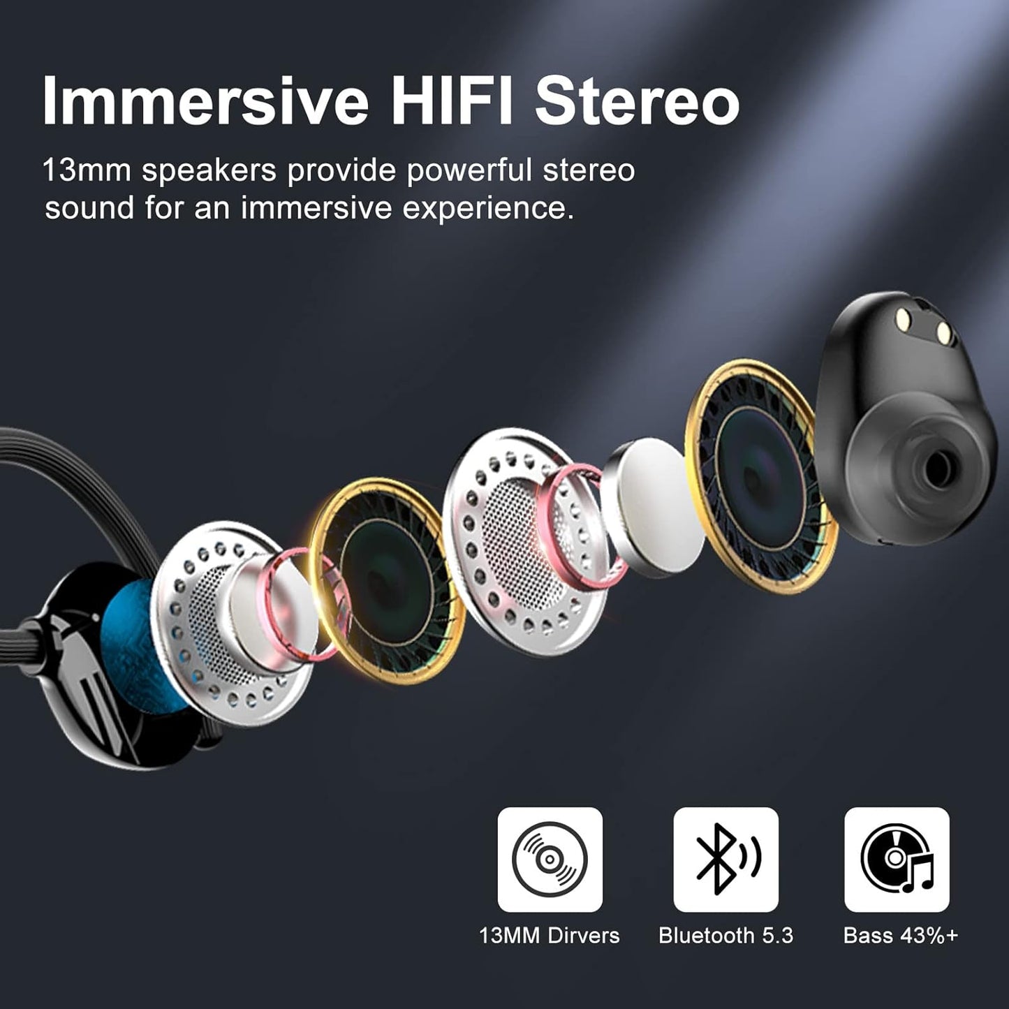 Wireless Earbuds, HiFi Stereo Sport Bluetooth 5.3 in-Ear Headphones with Earhooks, 48H Deep Bass, LED Display, Noise Cancelling, IP7 Waterproof Earphones Built-in Microphone for Running