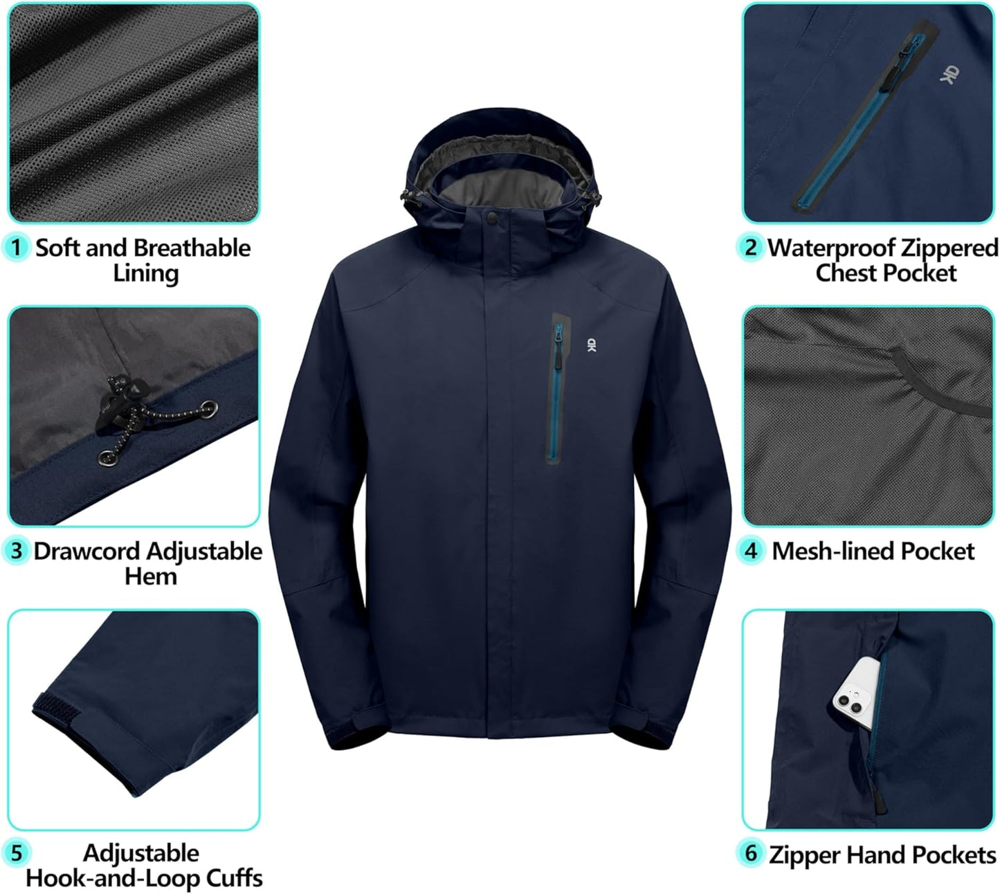 Little Donkey Andy Men's Waterproof Rain Jacket Outdoor Lightweight Hooded Raincoat for Hiking Golf Travel Fishing